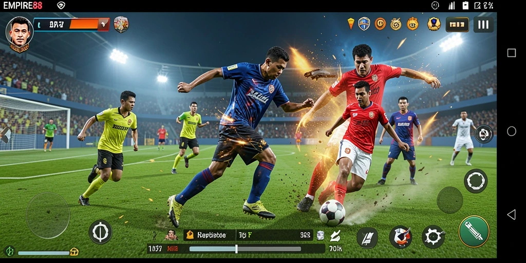 Screenshot gameplay EMPIRE88 menampilkan aksi sepak bola yang mendebarkan.