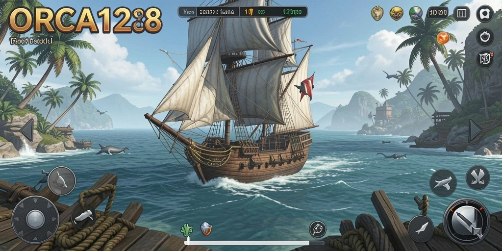 Screenshot gameplay ORCA128 menampilkan petualangan bawah laut yang menakjubkan.