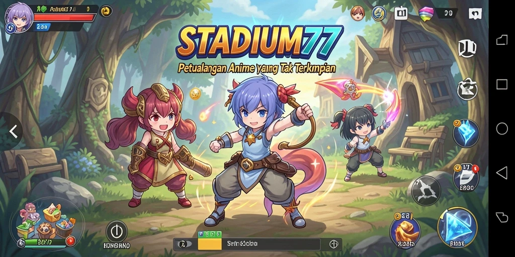 Tampilan gameplay yang dinamis dalam STADIUM77 dengan karakter Anime.