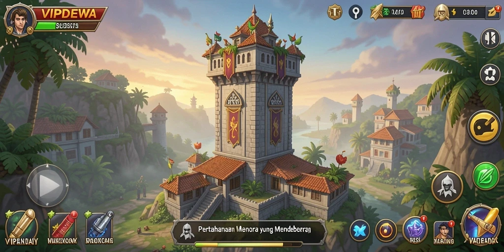 Screenshot gameplay VIPDEWA menampilkan menara yang melawan serangan musuh.